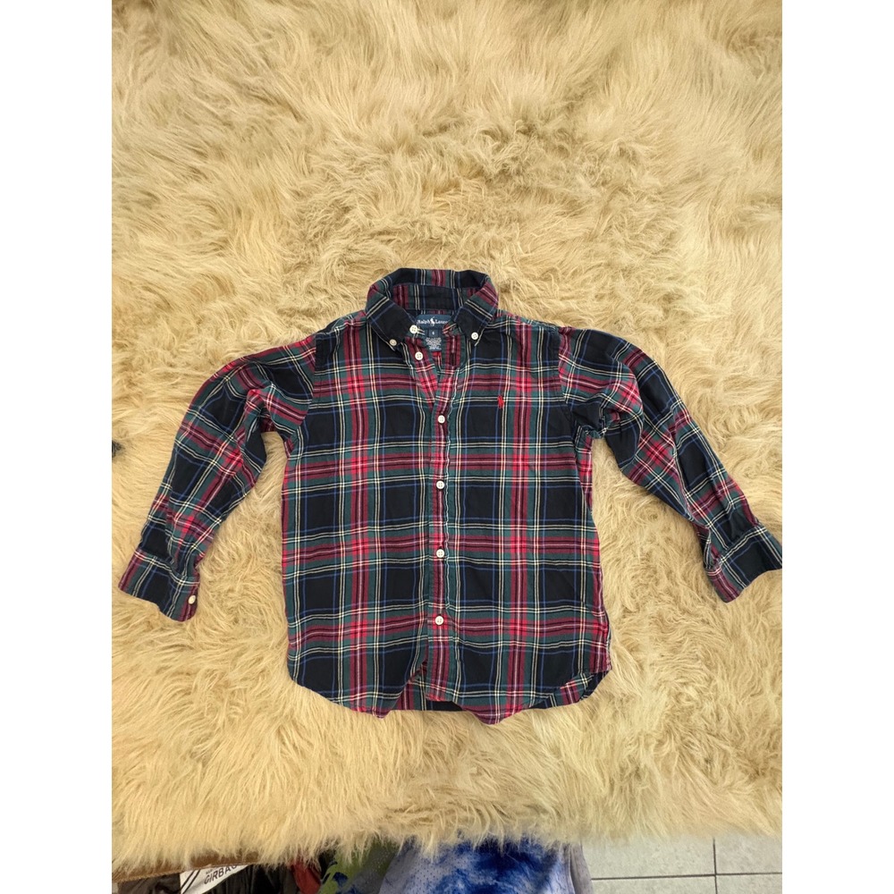 Ralph Lauren Boys Size 6 Navy Red Plaid Cotton Button Down Shirt Long Sleeve